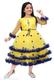Gold net gown with lace flower work, three-quarter sleeves for party wear in India