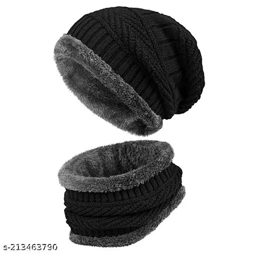 Black wool winter knit beanie set with neck warmer scarf, self-designed pattern, ideal for men and women