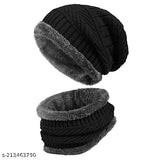 Black wool winter knit beanie set with neck warmer scarf, self-designed pattern, ideal for men and women