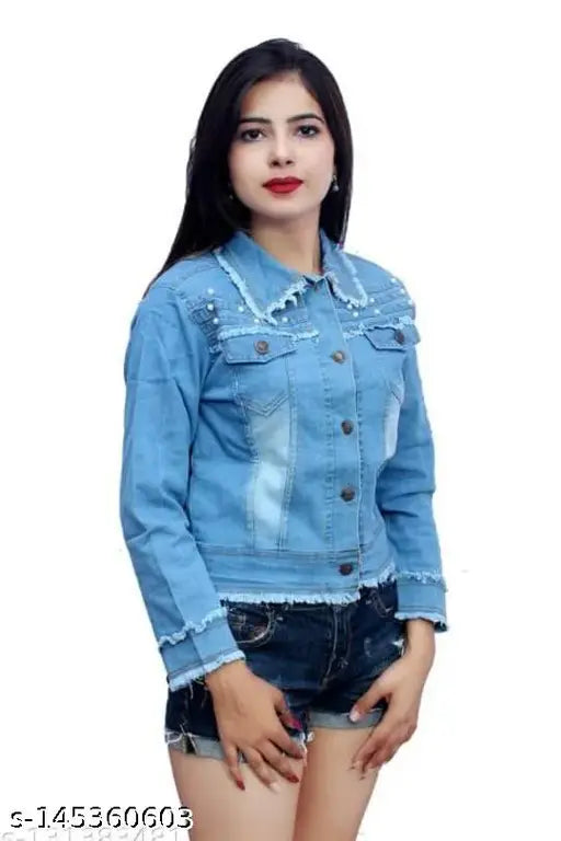 Stylish denim 3 patti moti jacket for girls - solid denim jacket with intricate embroidery on display stand, size S (bust 36in, length 25in)