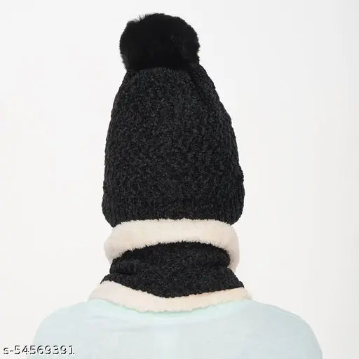 Fur-lined velvet touch woolen beanie cap & neck scarf set for women, trendy, fashionable winter wear