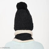 Fur-lined velvet touch woolen beanie cap & neck scarf set for women, trendy, fashionable winter wear