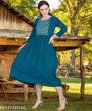 Rayon women's anarkali kurta with embroidered yoke motifs, soft fabric, three-quarter sleeves