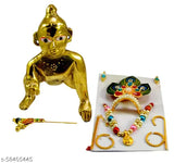 Golden Brass Krishna Idol Laddu Gopal Statue with Shringar Set and Dress Combo, handcrafted from Haridwar, India