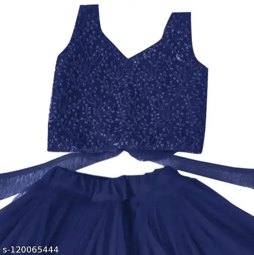Navy blue taffeta silk lehenga with net dupatta, embellished and sleeveless, for kids aged 2-5 years