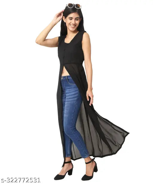 Georgette fabric, sleeveless round neck kurti for women in attractive color, ready-to-wear Indian fashion