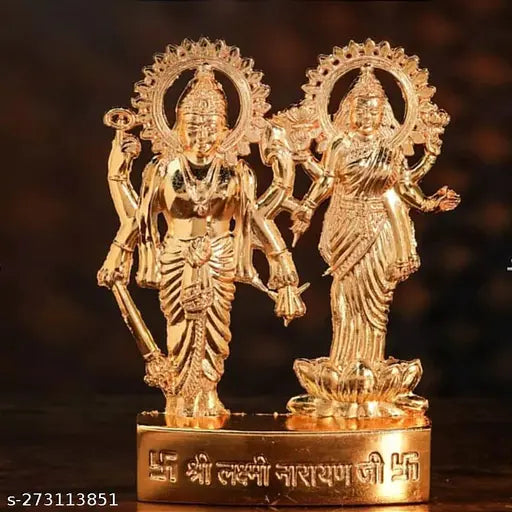 Shree Laxmi Narayan metal idol, 10cm tall, 6.5cm wide, brass finish, intricate designs