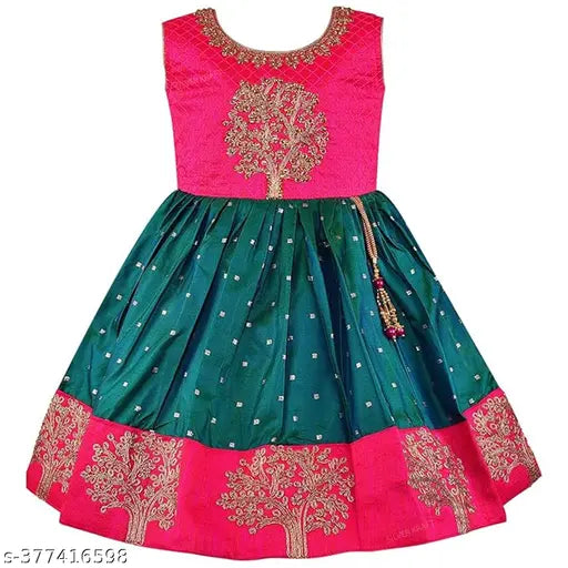 Pink and blue satin frock for girls, rama print