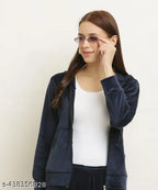 Velvet chain hoodie navy blue for girls, solid pattern, long sleeves, zipper detail, women's crop jacket, stylish and trendy, perfect gift for loved ones