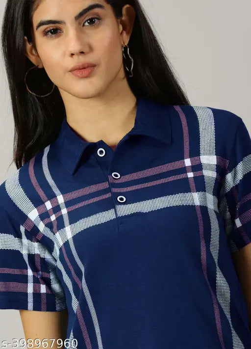 Blue cotton blend printed polo t-shirt for women, casual and fashionable apparel