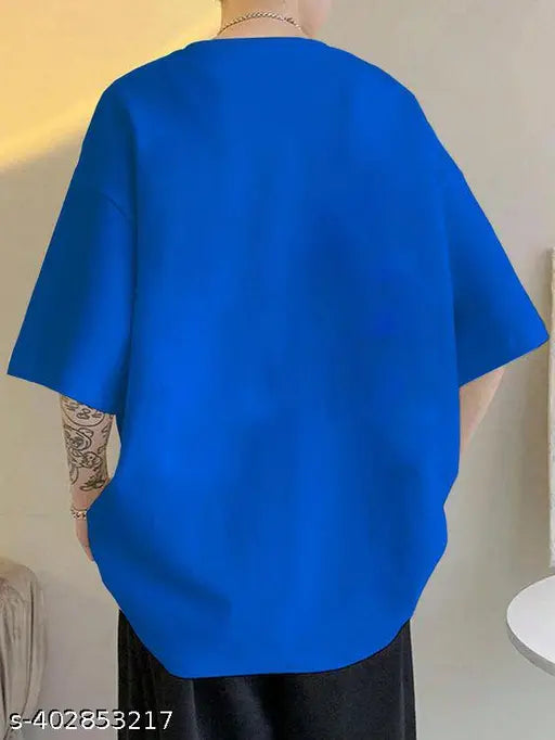 Royal Blue oversized unisex cotton blend t-shirt with printed net pattern, three-quarter sleeves. Machine washable. Available in S, M, L, XL, XXL sizes. Made in India
