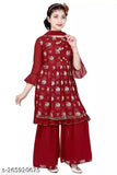 Maroon Georgette Kurti Sharara & Dupatta Set (Pack of 3) - Traditional Indian girls ethnic wear for festive parties and weddings under 499