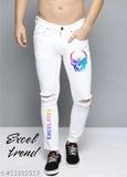Black and white distressed designer men's jeans with knee cut