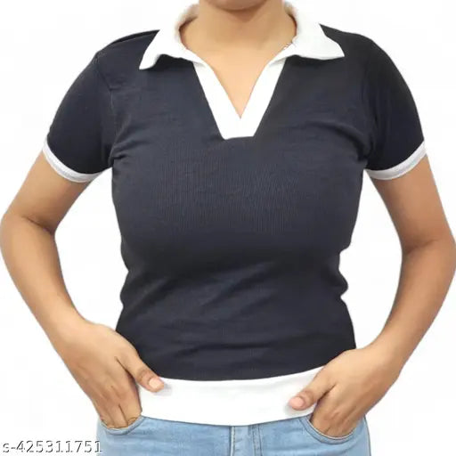 Stylish women's cotton contrast collar crop top, short sleeves, solid color, available in S, M, L