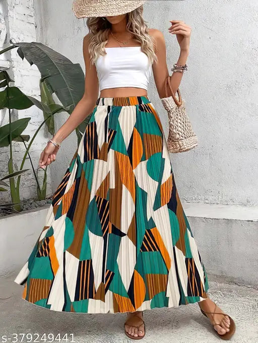 Womens long skirt high waist patterned print pleated maxi skirt regular fit casual