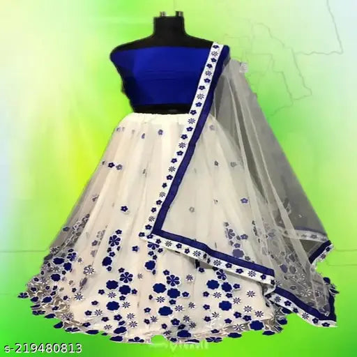 Girls blue flower designer party wear semi-stitched lehenga choli, suitable for ages 3-15 years. Heavy fabric with nylon net embroidery, free size. Versatile wear for functions, festivals, parties, and weddings. Indian origin