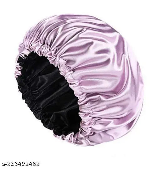 Pink satin hair bonnet cap with three 3 inch silk scrunchies. Satin head cover for sleeping and styling curly hair, 100% silk bonnet for hair protection