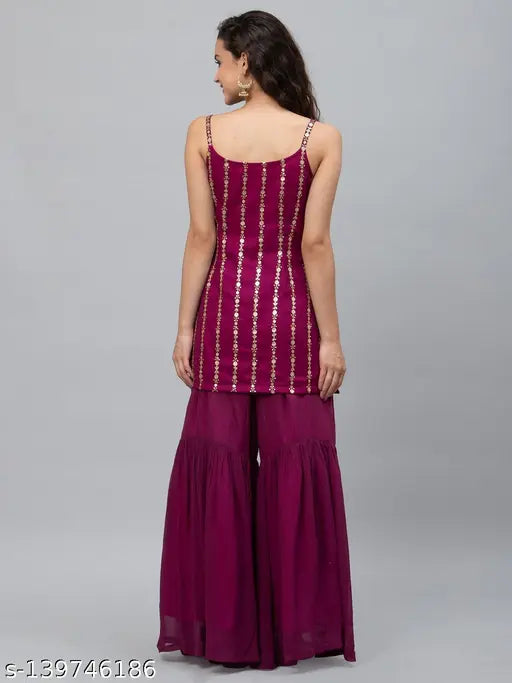 Maroon georgette kurta with matching sharara pants