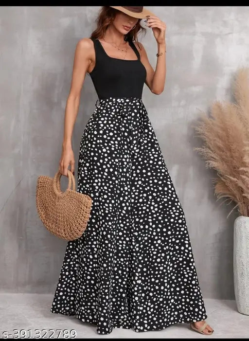 Imported heavy moss print modal jumpsuit with wide-leg flared style, sleeveless and lycra rib detail - perfect for parties or casual wear