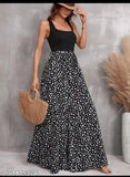 Imported heavy moss print modal jumpsuit with wide-leg flared style, sleeveless and lycra rib detail - perfect for parties or casual wear
