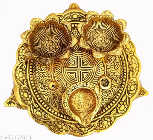 Brass metal pooja thali set with 2 diyas, intricate gold design, decorative home or office item