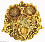 Brass metal pooja thali set with 2 diyas, intricate gold design, decorative home or office item