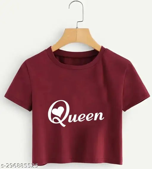 Women's maroon cotton blend Queen Printed crop T-shirt, featuring bohemian rhapsody band logo