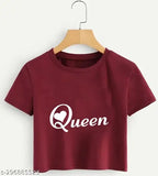 Women's maroon cotton blend Queen Printed crop T-shirt, featuring bohemian rhapsody band logo