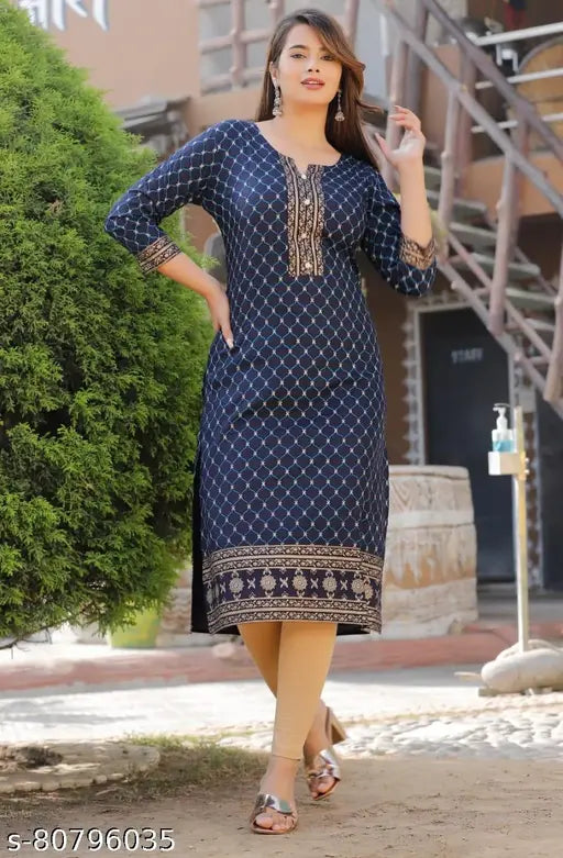 Rayon A-line straight kurti for women, printed combo, three-quarter sleeves, available in S, M, L, XL, XXL, and XXXL