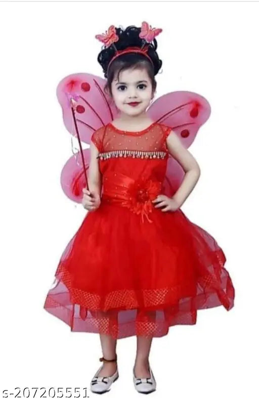 Red wedding dress with full sleeves and festive trim for baby girls midi-knee length