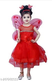 Red wedding dress with full sleeves and festive trim for baby girls midi-knee length