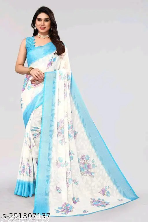 Fancy chiffon saree with printed net blouse, single combo in cotton silk for casual, party, festive & wedding occasions. Indian-made, free size (Saree length - 5.5m, Blouse length - 0.8m)