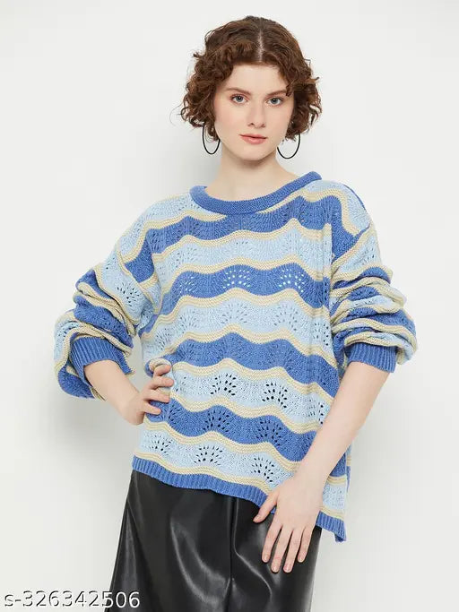 Wool blue round neck full sleeves open-knit sweater with self-design pattern, suitable for women in M, L, or XL sizes