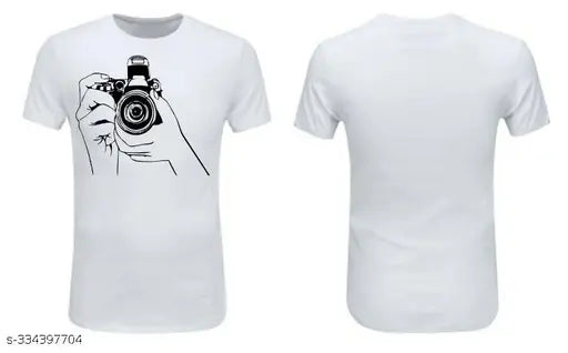 White polyester round neck sports t-shirts, printed with camera design. Size: XL (Chest 44 in, Length 28 in). High-quality sublimation printing on half-sleeve Sarina fabric