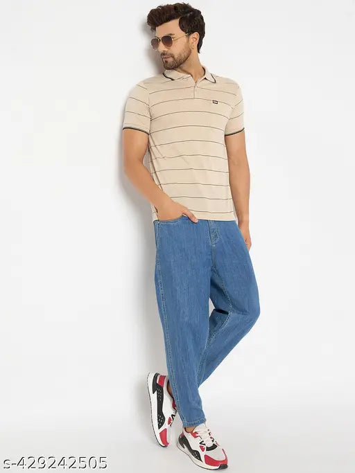 Striped cotton blend polo shirt, camel half sleeves, men's size XXL (44in/30in), made in India