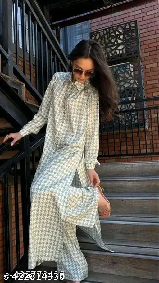 Prosin print Rayon Kolar Kurti Set with Palazzos or Pants, featuring long sleeves and three-quarter sleeves options. Indian-origin, full-stylish set for women's fashion