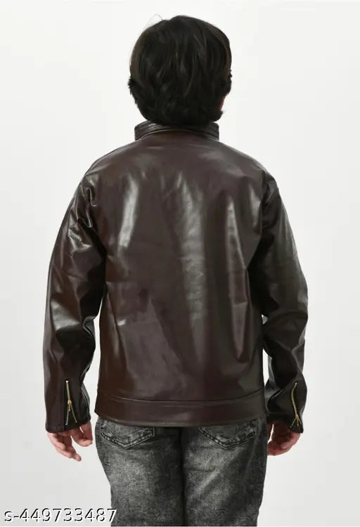 Brown leather children's winter jacket
