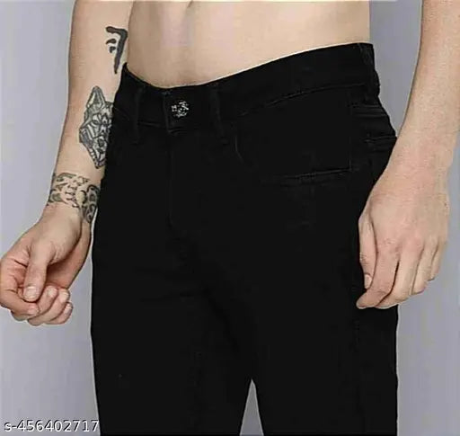 Black cotton credit fabric edgy knee-cut jeans, stretchable and slim fit, perfect for casual wear