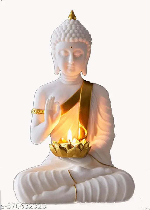 White polystone Buddha statue home decor, handcrafted art piece for study room, living room, or showcase