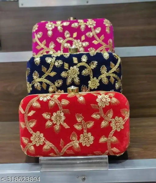Red and blue embroidered clutch purses with side chain, box shape, set of 3