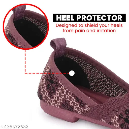 The image displays a pair of womens' stylish flyknit memory foam bellies, designed to shield your heels from pain and irritation