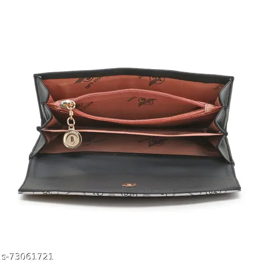 Black leather clutch with silver lock, zip closure