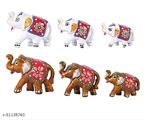 Handcrafted ceramic white-yellow elephant figurine set (3 pairs, total 6 pieces) - Indian paper mache art with mineral bead details, ideal for living room decor and gift purpose. Measures approximately 10 cm tall