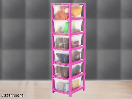 Transparent pink kitchen drawer storage organizer system with multiple compartments and shelves