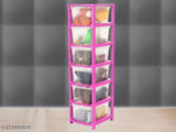 Transparent pink kitchen drawer storage organizer system with multiple compartments and shelves