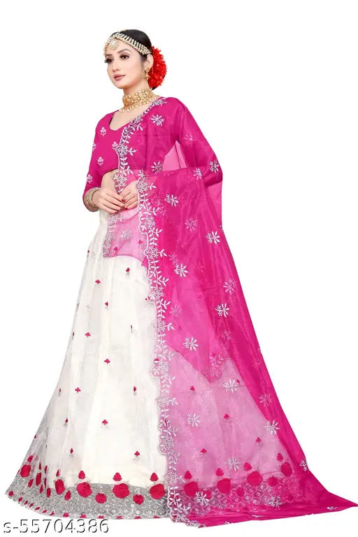 Embroidered dupion silk lehenga with net dupatta, heavy thread work, semi-stitched (44m waist, 43m length), India