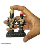 Golden polystone Viththal Rukmini murti statue, Indian god idol on pedestal, 3 inches tall