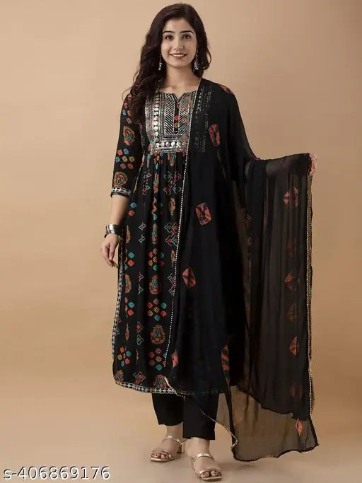 Rayon Nayra cut kurti set, three-quarter sleeves, printed combo in Morvi Treandy design. Indian ethnic wear on mannequin