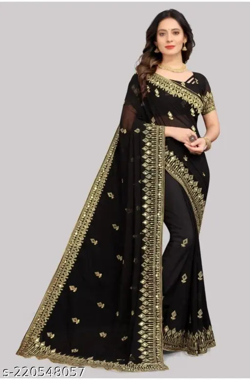 Embroidered black saree with mirror work