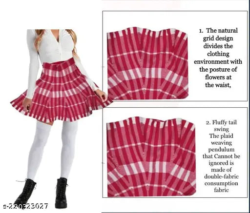 Two-tone plaid pleated mini skirt, sleeveless top, women's winter wear 2 in 1 style, red and white color, wool material
